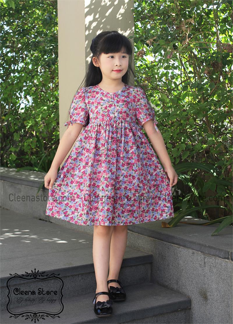 Đầm xòe hạ eo cao cổ tim hoa tím