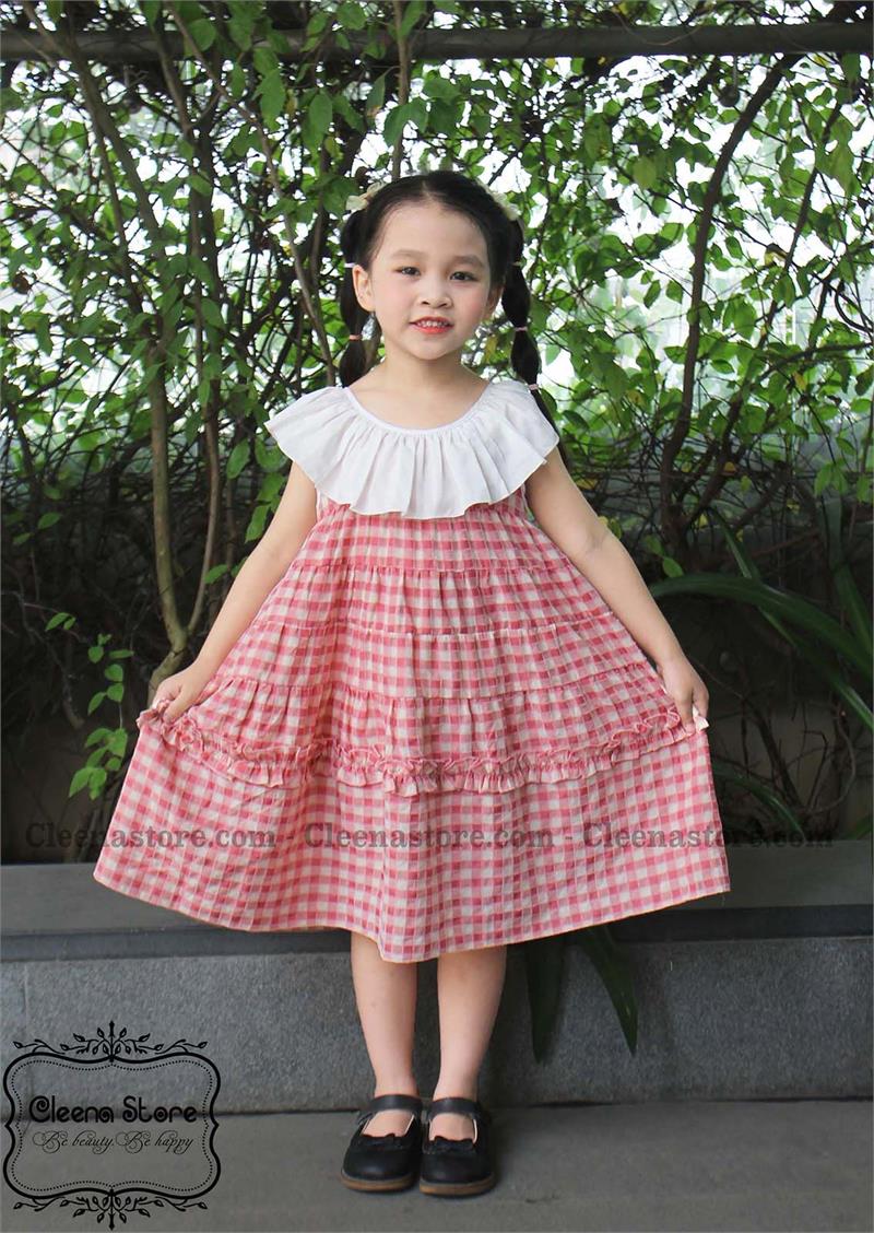 Đầm dáng A kẻ hồng phối cổ trắng