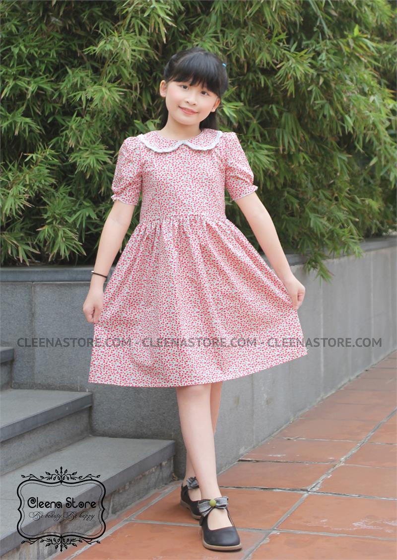 Đầm cổ sen viền ren trắng - Hoa nhí đỏ