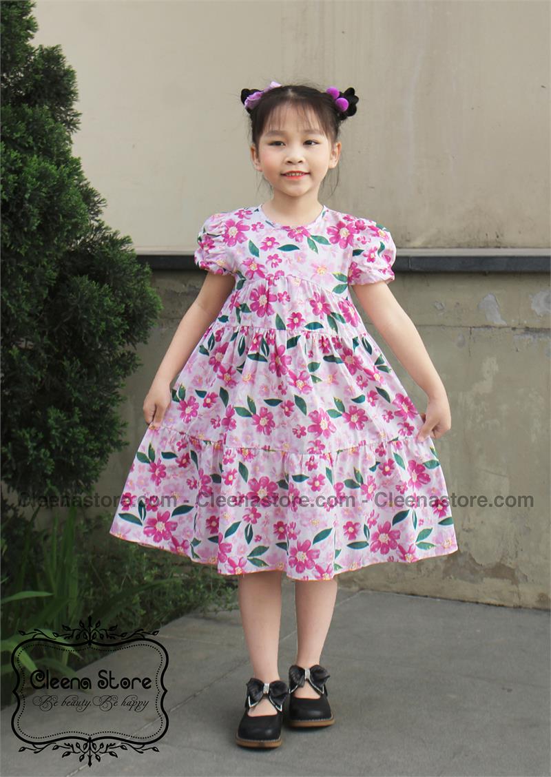 Đầm xòe 3 tầng, tay 2 lớp, họa tiết hoa tím hồng