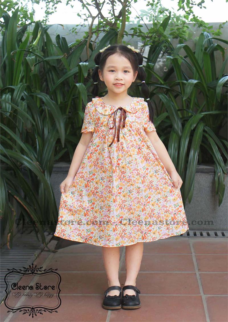 Váy A cổ sen tay cộc hoa cam