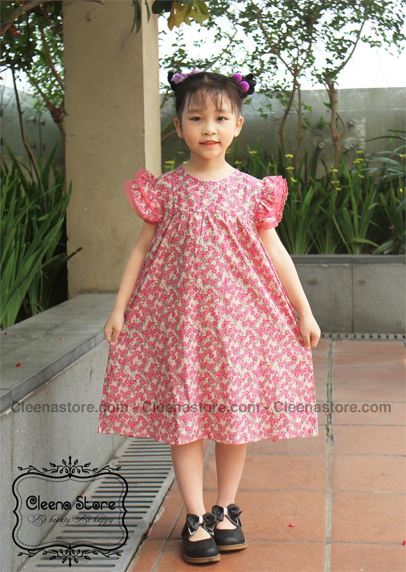 Đầm A tay ren 2 lớp hoa nhí hồng 