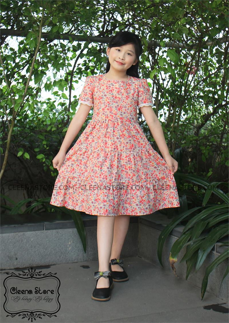 Đầm xòe 3 tầng cổ vuông tay viền ren - hoa cam hồng