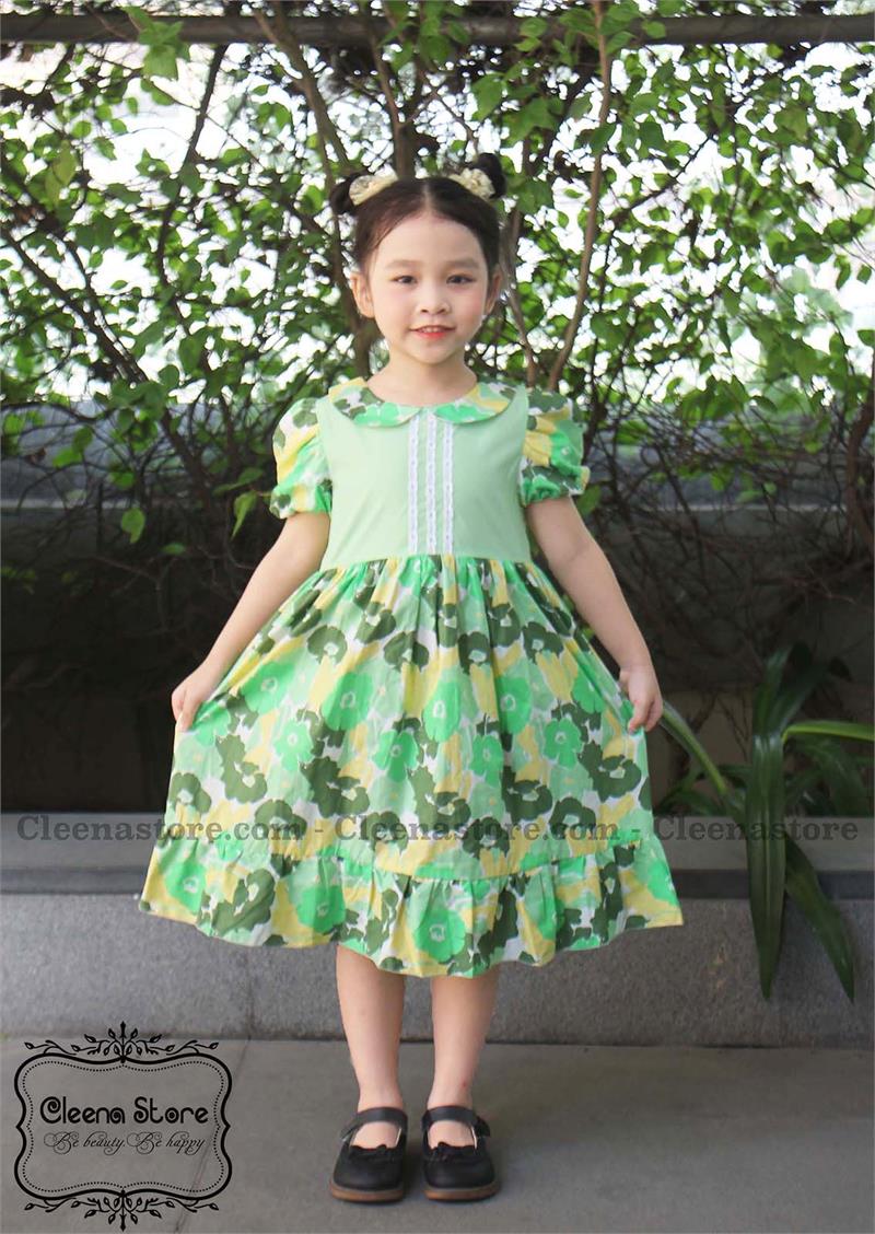 Đầm dáng dài tay 2 lớp phối 3 đường ren ngực màu xanh