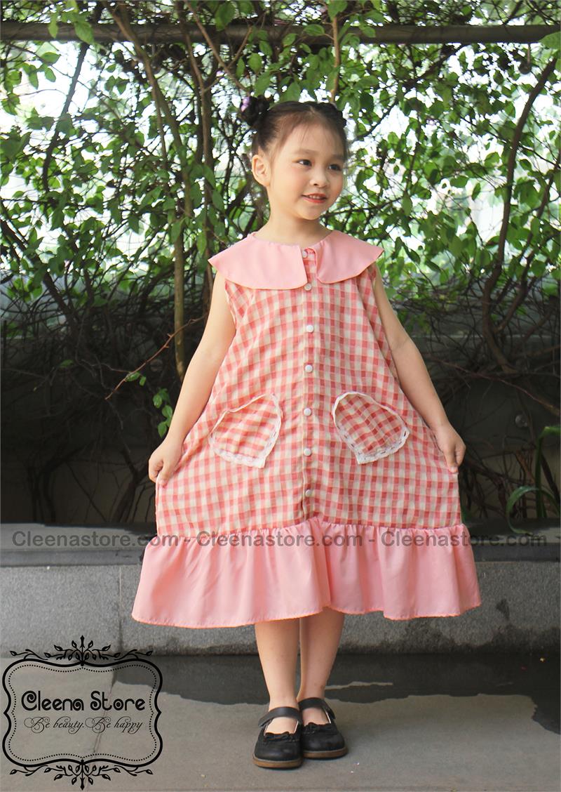 Đầm dáng A kẻ hồng mở cúc sát nách