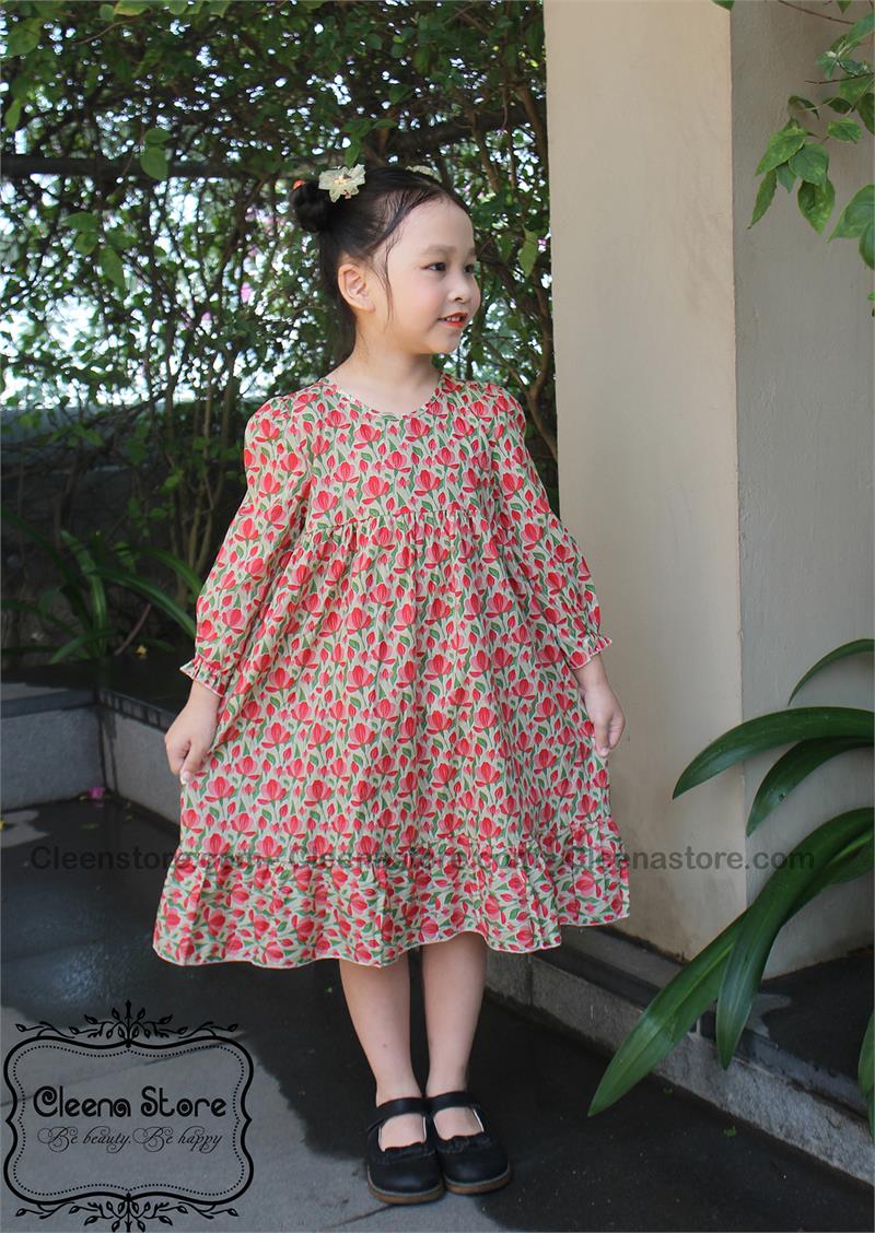 Đầm hạ eo cao tay lửng dài họa tiết hoa tulip