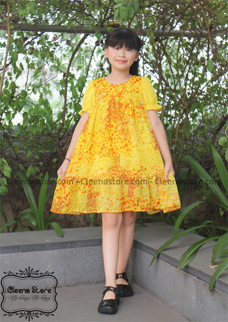 Đầm A voan hoa nhí vàng phối tay vàng