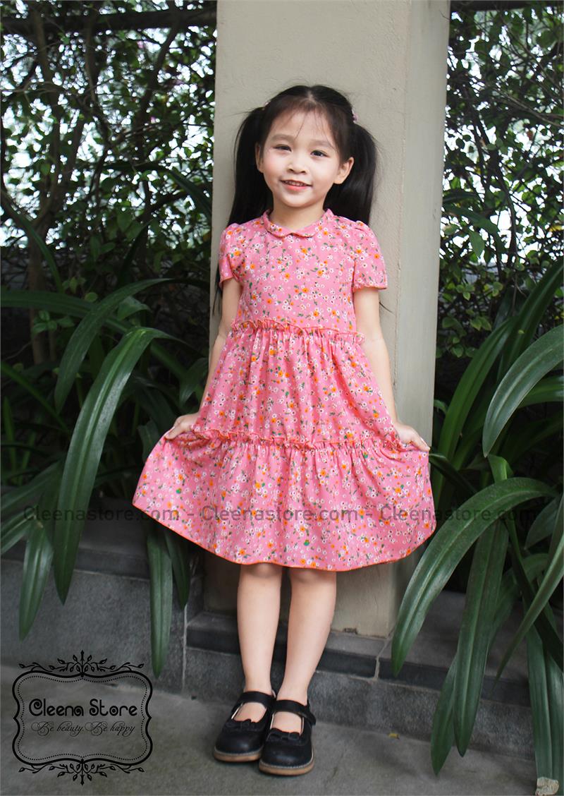 Đầm xòe cổ tàu 2 tầng hoa nhí cam hồng