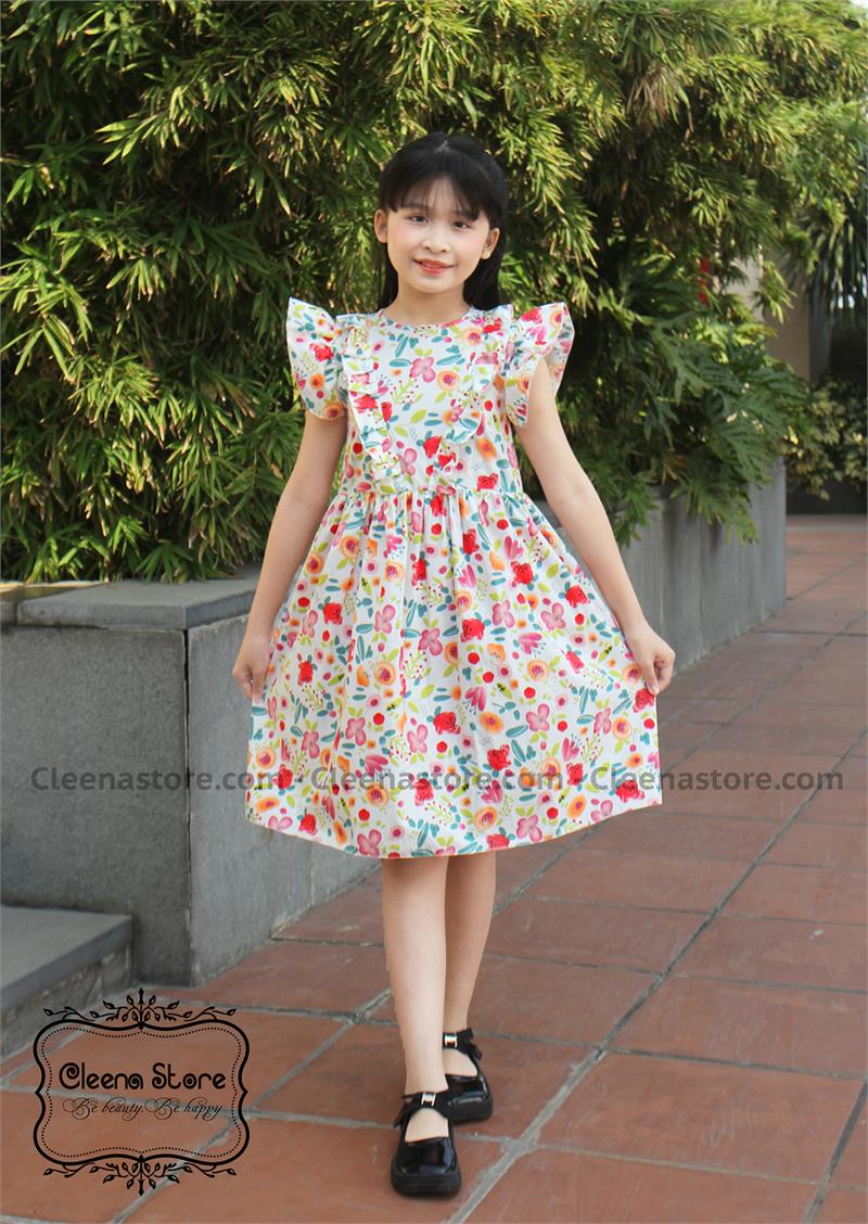 Đầm xòe bèo V tay bèo hoa đỏ hồng