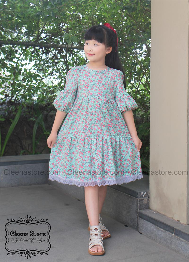 Đầm xòe tay lửng phồng 2 tầng chân tùng viền ren hoa nhí hồng nền xanh