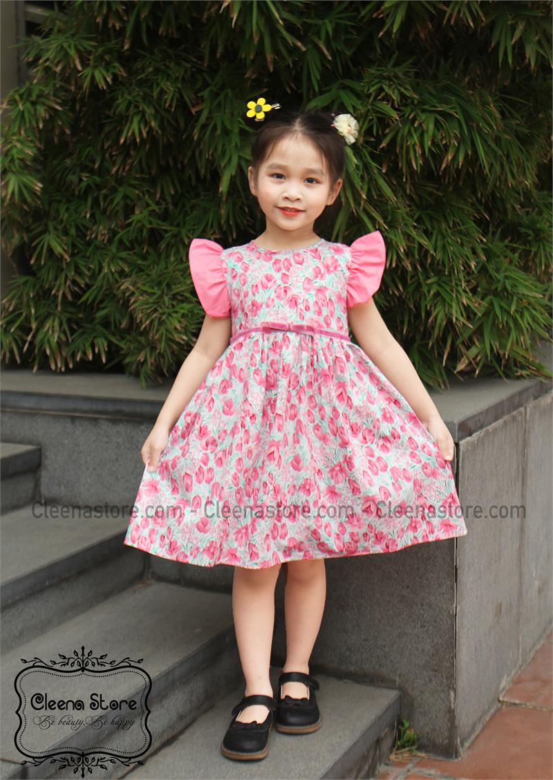 Đầm xòe tay bèo phối nơ eo hồng nhạt