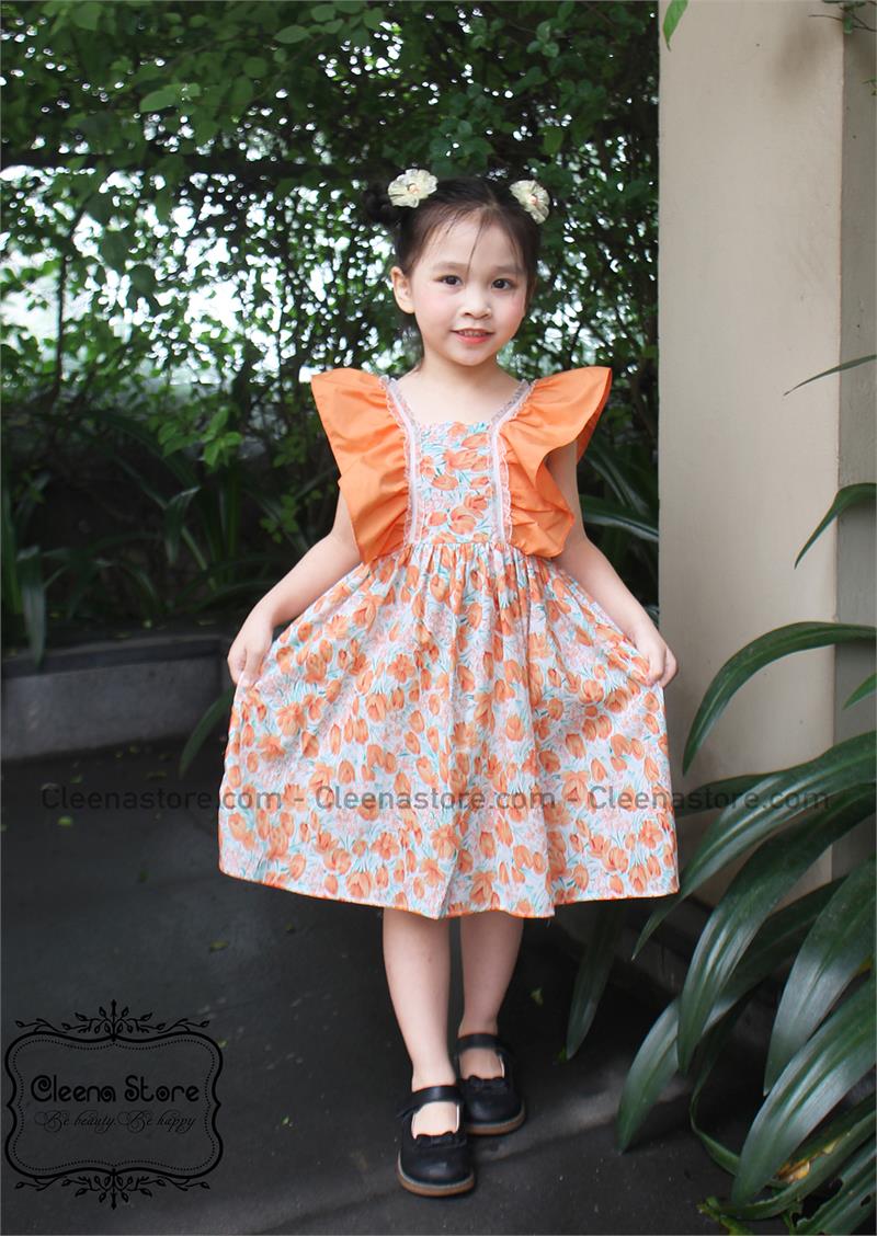 Đầm phối bèo tay viền ren hoa cam