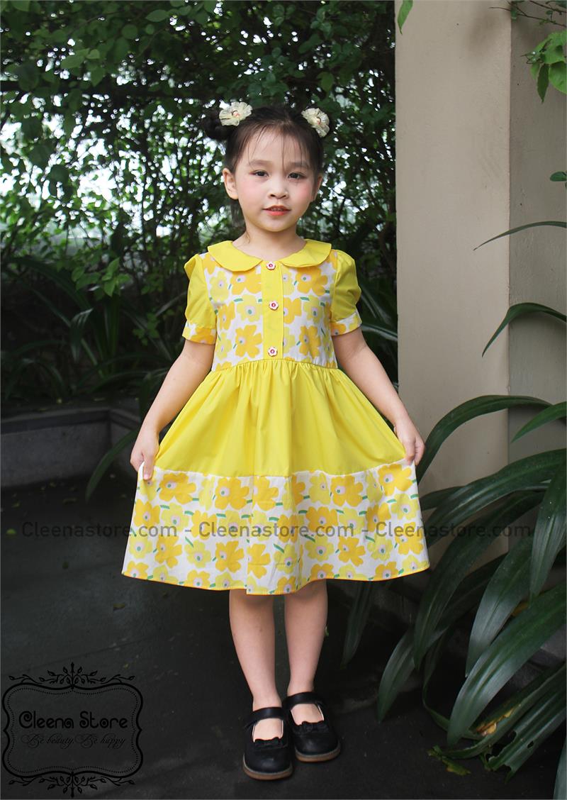 Đầm phối cổ tay can tùng màu hoa vàng
