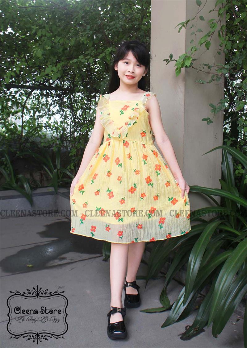 Đầm tơ hoa đỏ nền vàng bèo V