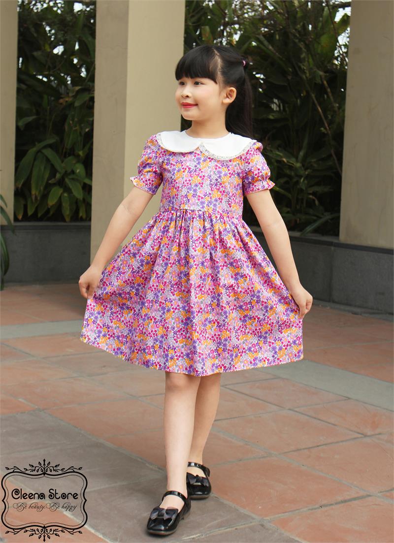 Đầm xòe cổ trắng viền ren nẹp vải chính hoa tím