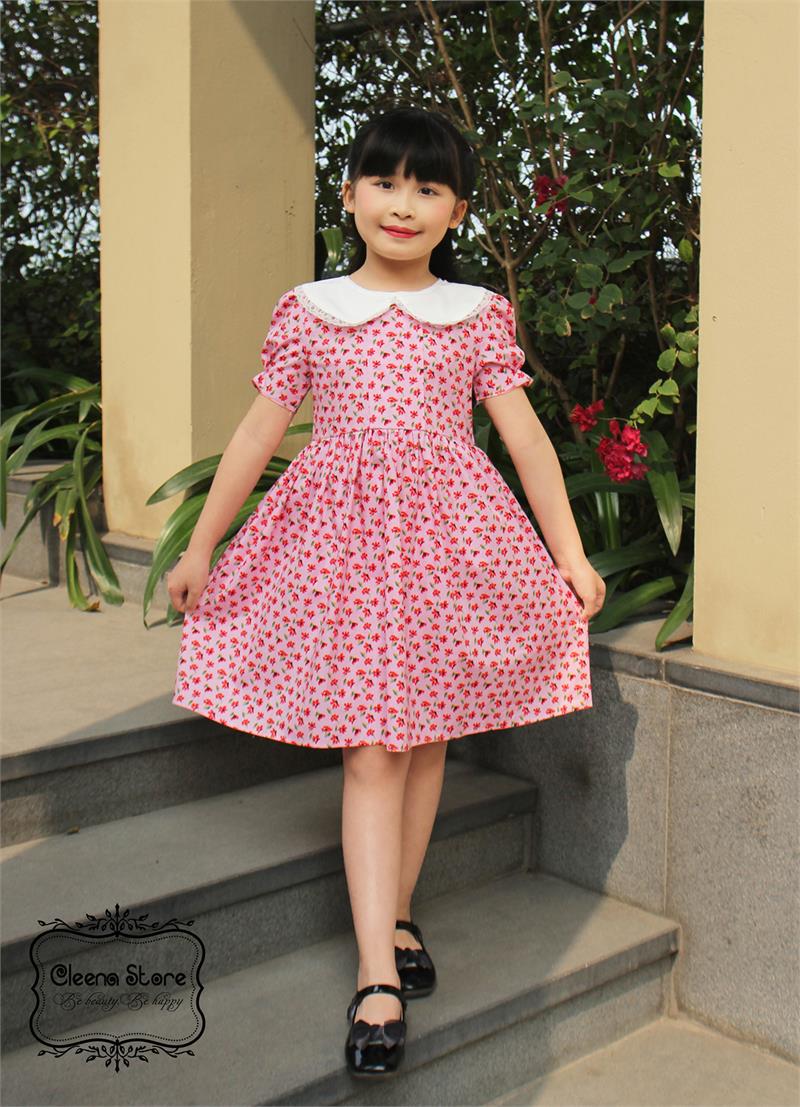 Đầm xòe cổ trắng viền ren hoa nhí đỏ nền hồng