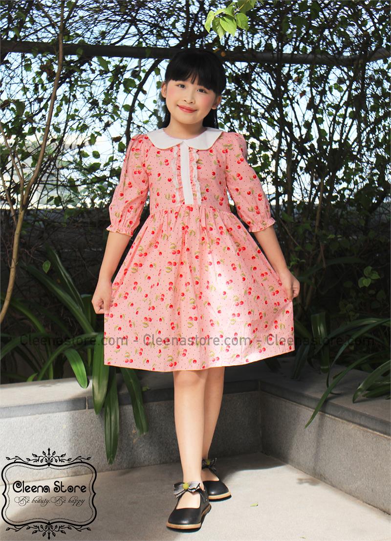 Đầm tay lửng cổ trắng nẹp trắng viền bèo ren - Họa tiết quả cherry