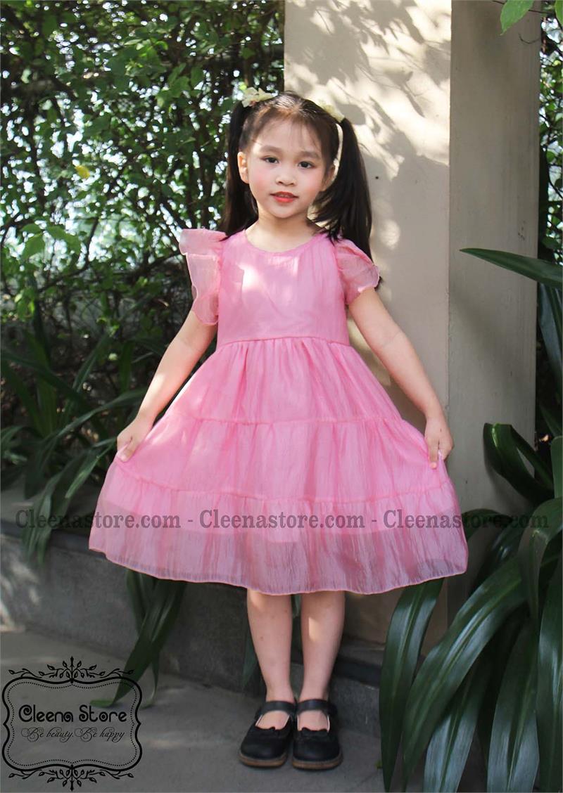Đầm tơ hồng cổ tròn tay cánh tiên