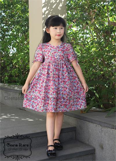 Đầm xòe hạ eo cao cổ tim hoa tím