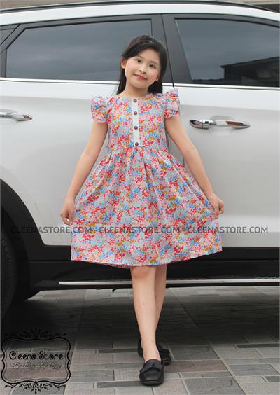 Đầm xòe nẹp trắng đính cúc tay cánh tiên - hoa đỏ xanh