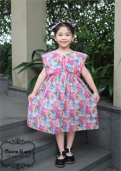 Đầm xòe cổ hai lá vuông thắt nơ họa tiết hoa màu hồng
