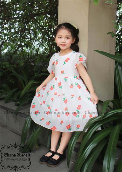 Đầm tơ hoa cổ tròn tay cánh tiên