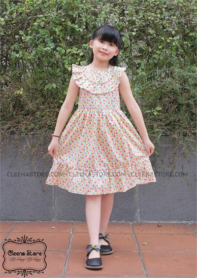 Đầm xòe sát nách xếp bèo ngực họa tiết nhí sắc màu