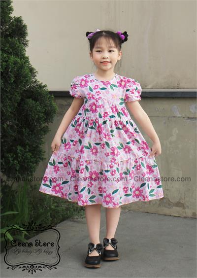 Đầm xòe 3 tầng, tay 2 lớp, họa tiết hoa tím hồng