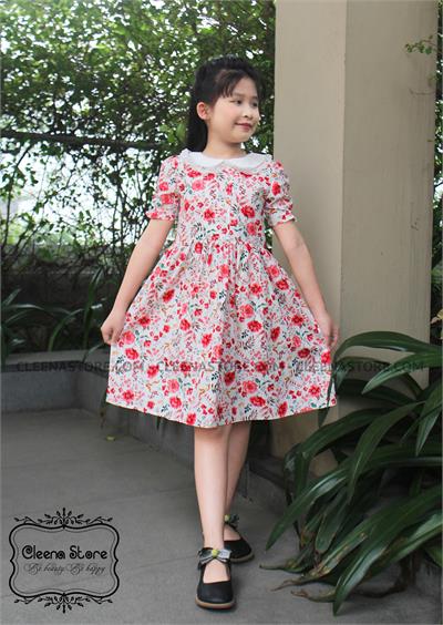 Đầm xòe cổ sen trắng viền ren đắp vải chính -  hoa đỏ hồng