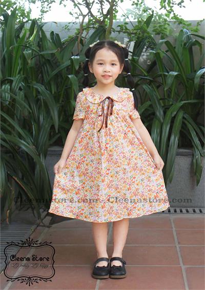 Váy A cổ sen tay cộc hoa cam