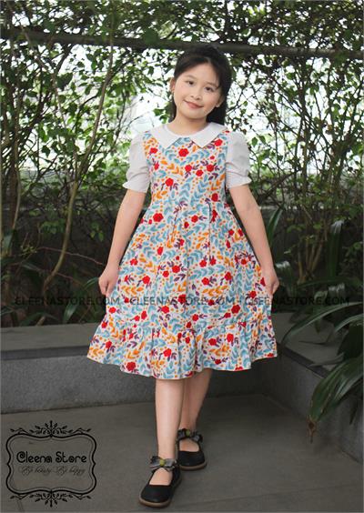 Đầm xòe xếp ly dáng dài cổ V trắng tay trắng - hoa đỏ lá xanh