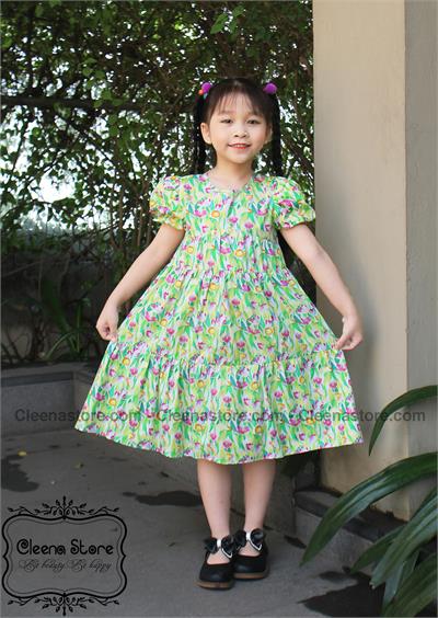 Đầm xòe 3 tầng, tay 2 lớp, họa tiết hoa vàng xanh