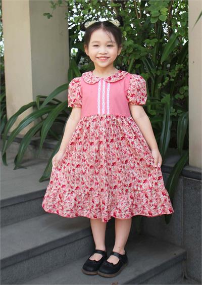 Đầm dáng dài tay 2 lớp phối 3 đường ren ngực màu hồng
