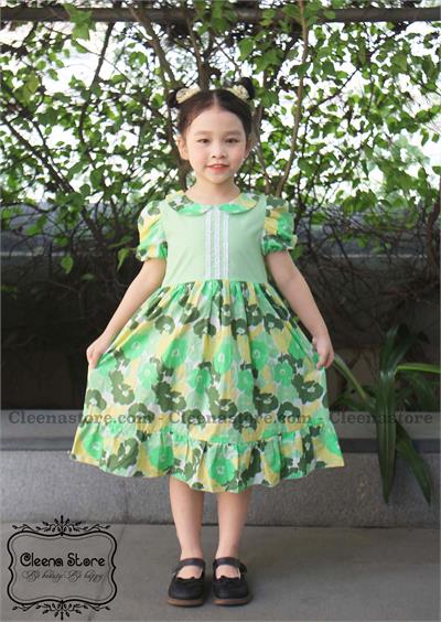 Đầm dáng dài tay 2 lớp phối 3 đường ren ngực màu xanh