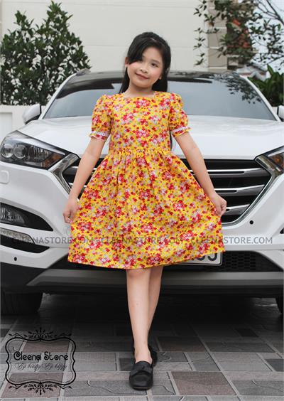 Đầm xòe cổ vuông tay viền ren -  hoa vàng trắng