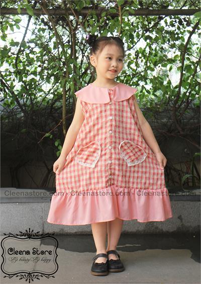 Đầm dáng A kẻ hồng mở cúc sát nách