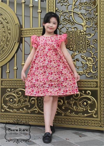 Đầm A hoa cam hồng tay viền ren hồng 2 tầng