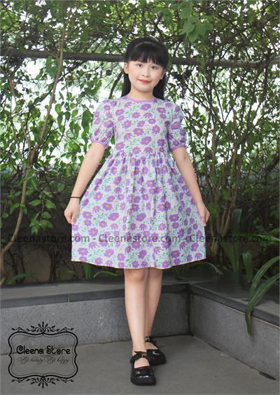 Đầm xòe hoa tím eo V tay thắt nơ