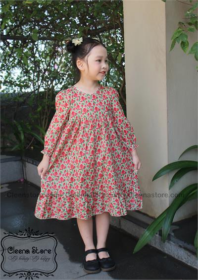 Đầm hạ eo cao tay lửng dài họa tiết hoa tulip