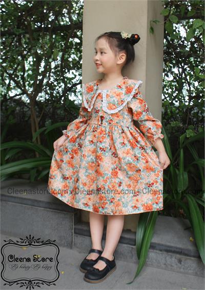 Đầm nhung hoa cam cổ viền trắng nẹp giữa đính cúc
