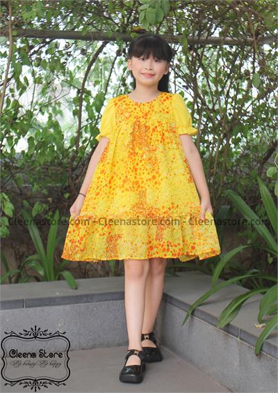 Đầm A voan hoa nhí vàng phối tay vàng