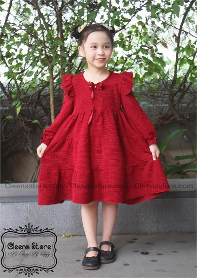 Đầm Xốp Bèo Vai Màu Đỏ Đô