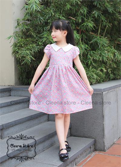 Đầm cổ trắng V vuông tay xếp chồng hoa nhí xanh hồng