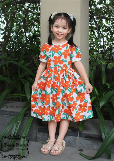 Đầm xòe đính 2 nơ trắng hoa cam