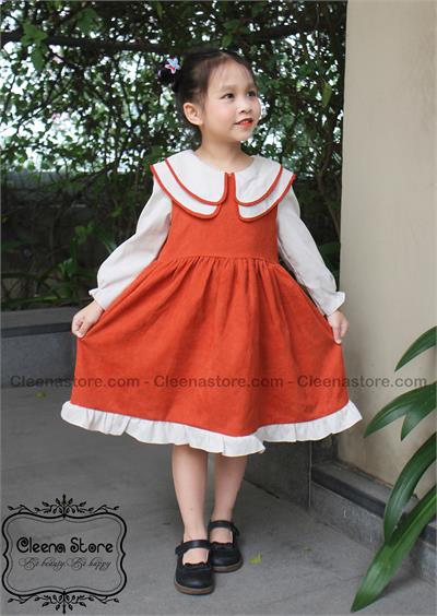 Đầm nhung cổ 2 lớp màu cam