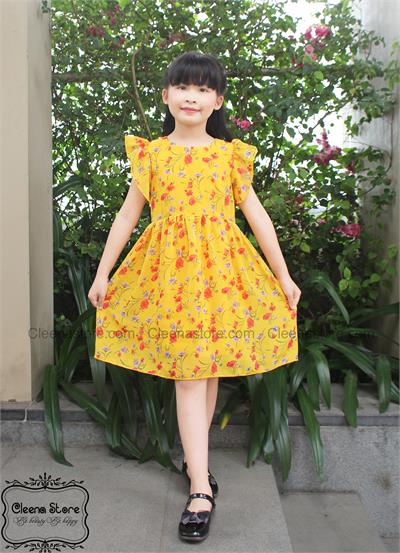 Đầm xòe voan hoa vàng tay bèo