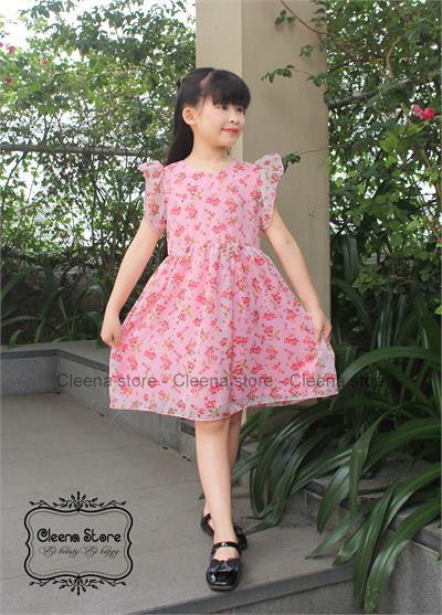 Đầm xòe voan hoa hồng tay bèo