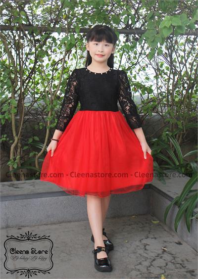 Đầm xòe ren đen phối lưới đỏ