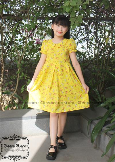 Đầm xòe xếp li cổ sen hoa nhí nền vàng