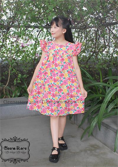 Đầm A tay 2 tầng viền ren hoa vàng hồng